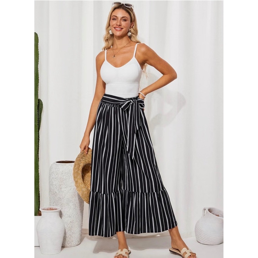 GRACE KARIN Black & White Striped Palazzo Wide Leg High Waisted Pants NWT